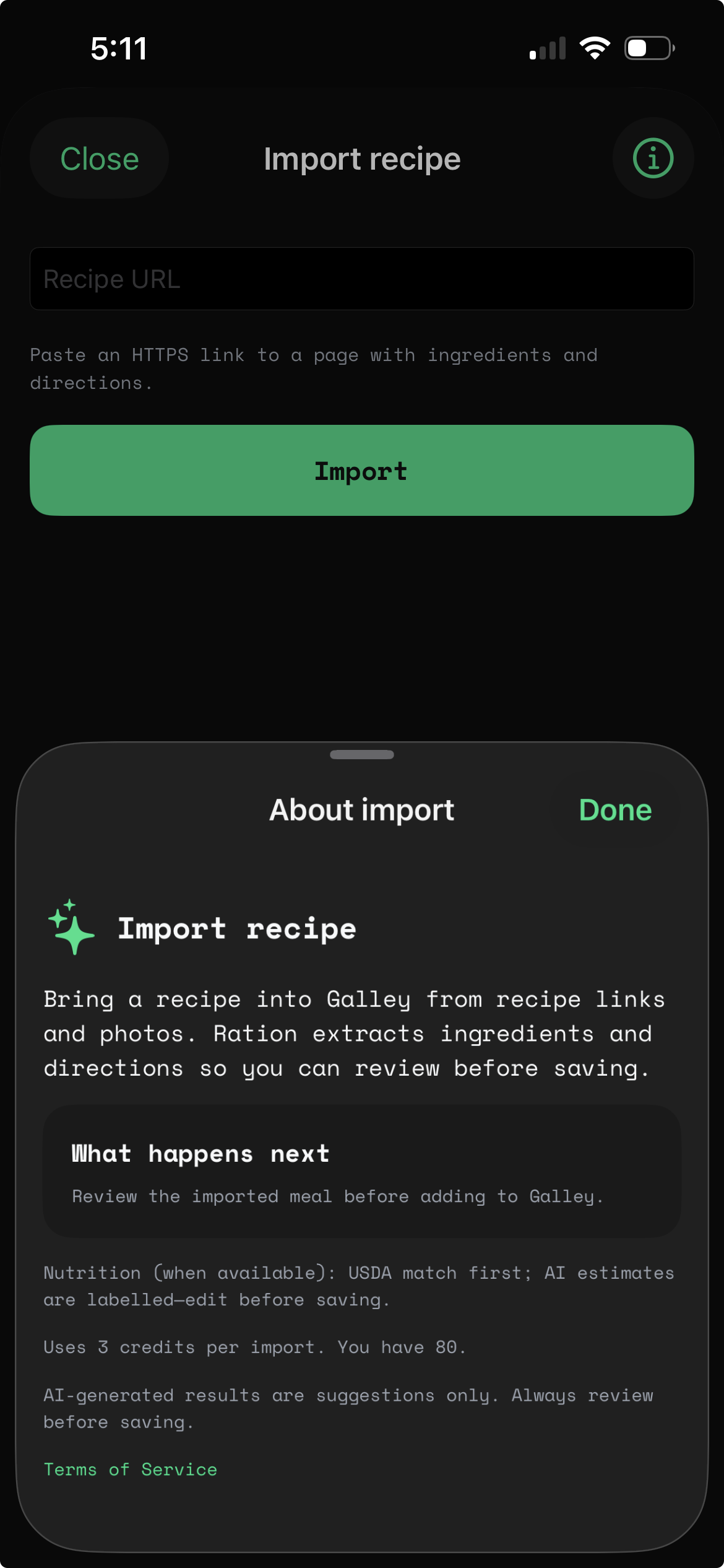 Import a recipe from a shared video into Ration Galley